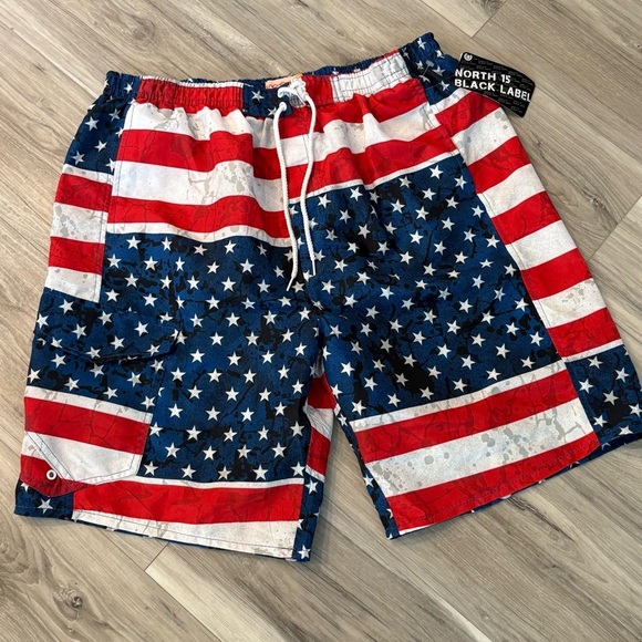 NEW | Patriotic American Flag Swim Trunks Board Shorts North 15 Black Label SZ L - Picture 1 of 6